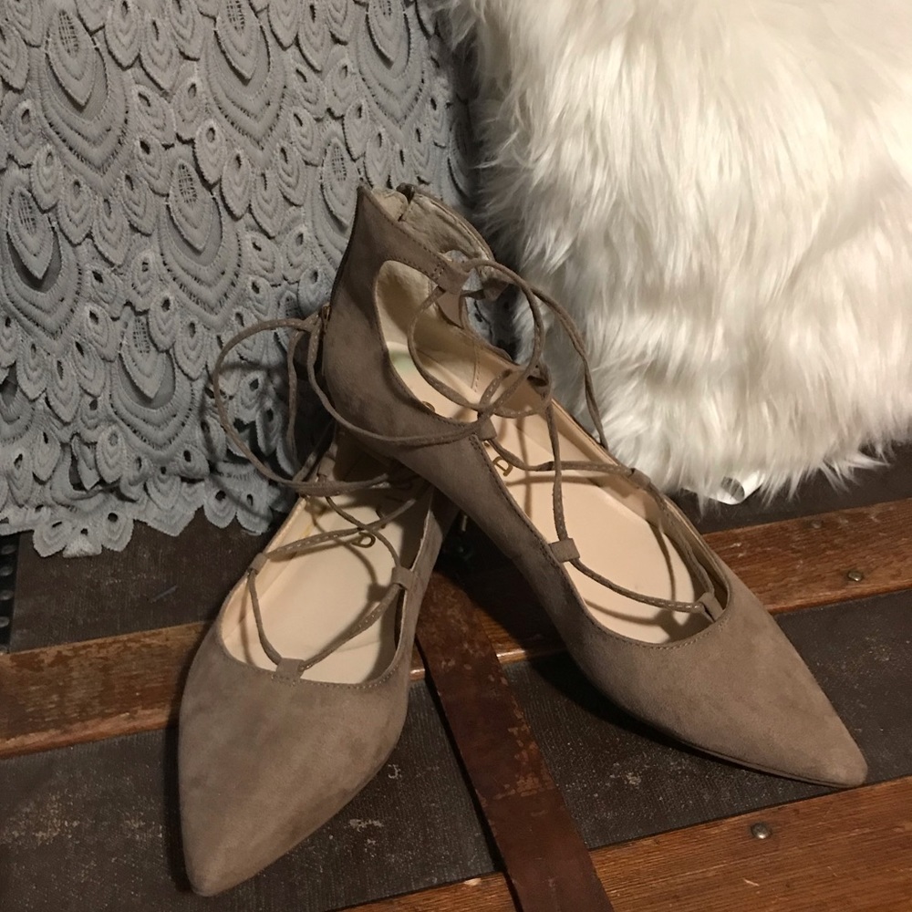UNISA beige wrap / tie up suede flats